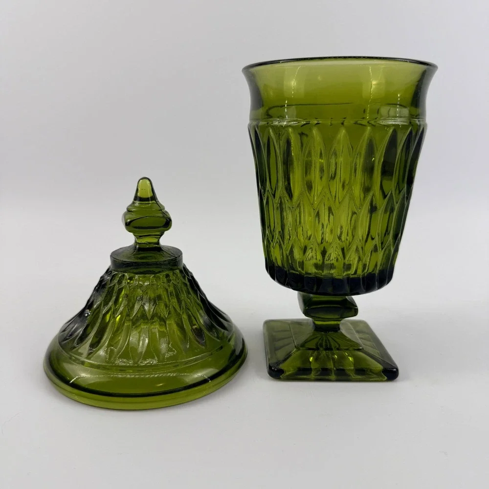 Indiana Glass Diamond Point Avocado Green Apothecary Jar Covered Pedestal